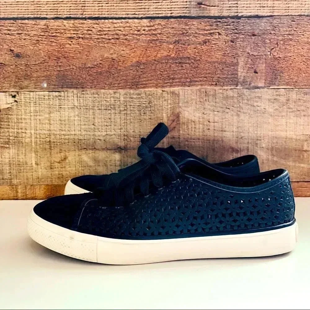 Tory Burch Navy Floral Perforated Leather/Suede Sneakers